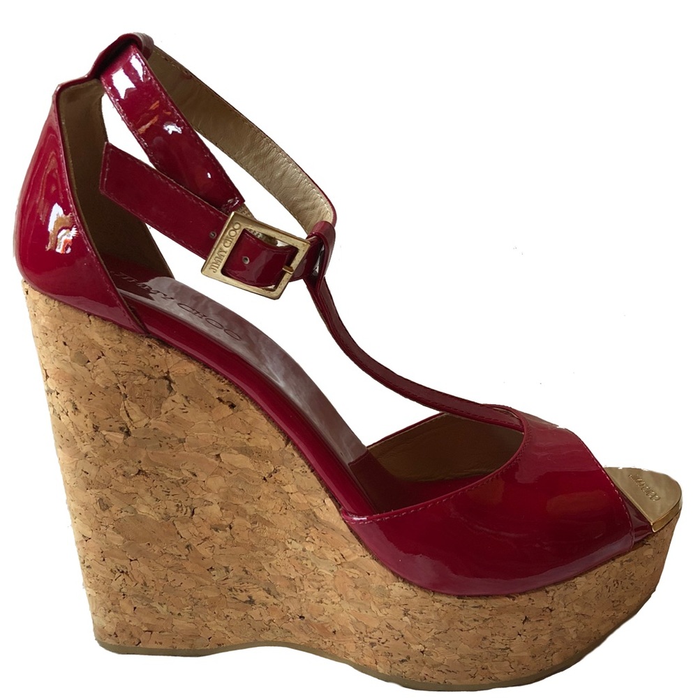 Jimmy Choo red patent cork heels.